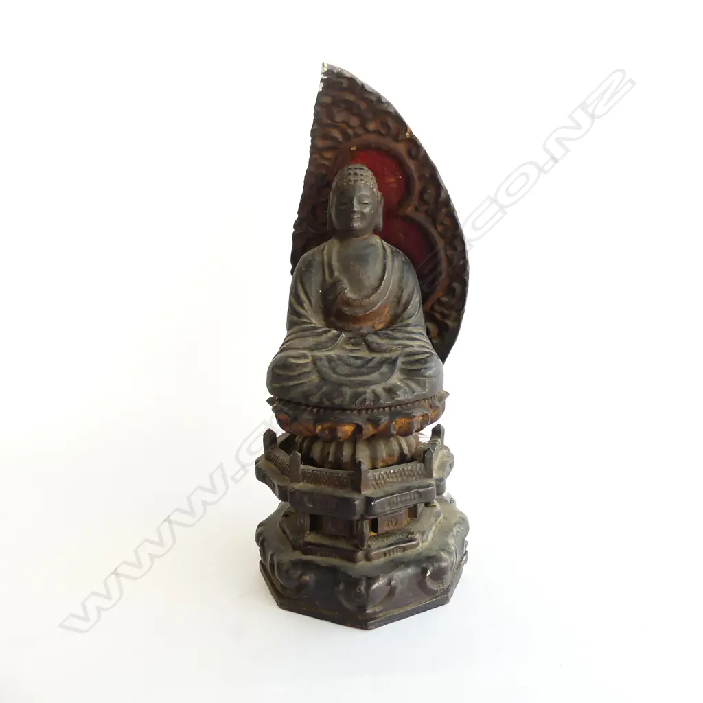 ANTIQUE EBONISED SEATED ORIENTAL BUDDHA on multi tiered throne & arched cover H.400mm Image 1++