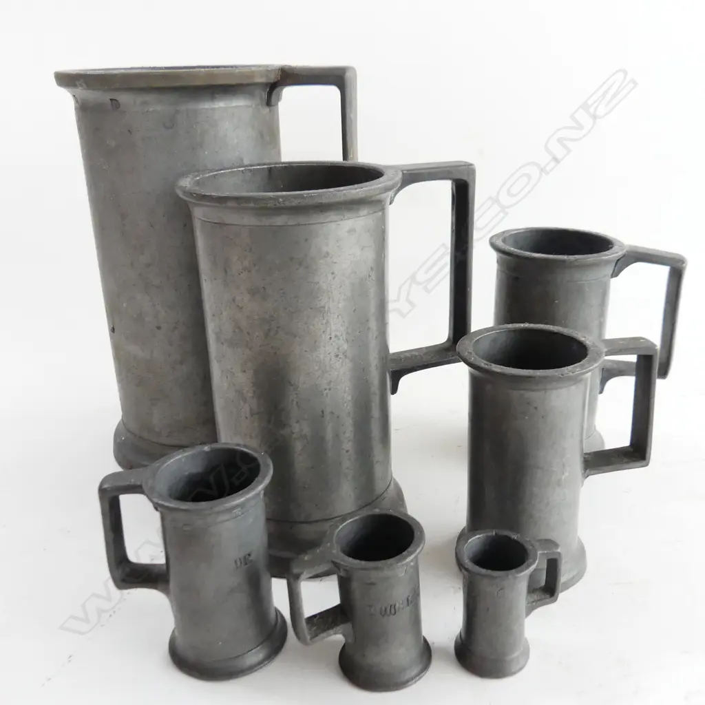 SET OF 7 DUTCH PEWTER DRINKS MEASURES LARGEST H180MM Image 1++
