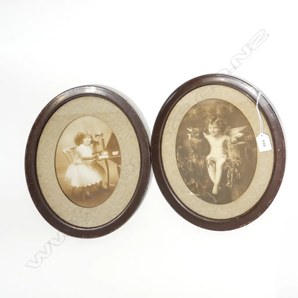 PR ANTIQUE OVAL TIN FRAMED B/W PHOTO PRINTS; CUPID & GIRL ON TELEPHONE C.1900 H310MM Image 1++