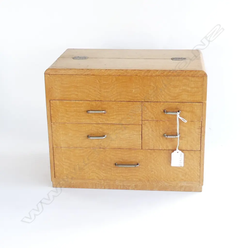 ART DECO EXOTIC PALE TIMBER SEWING BOX multi drawers & compartments W.320mm. Image 1++