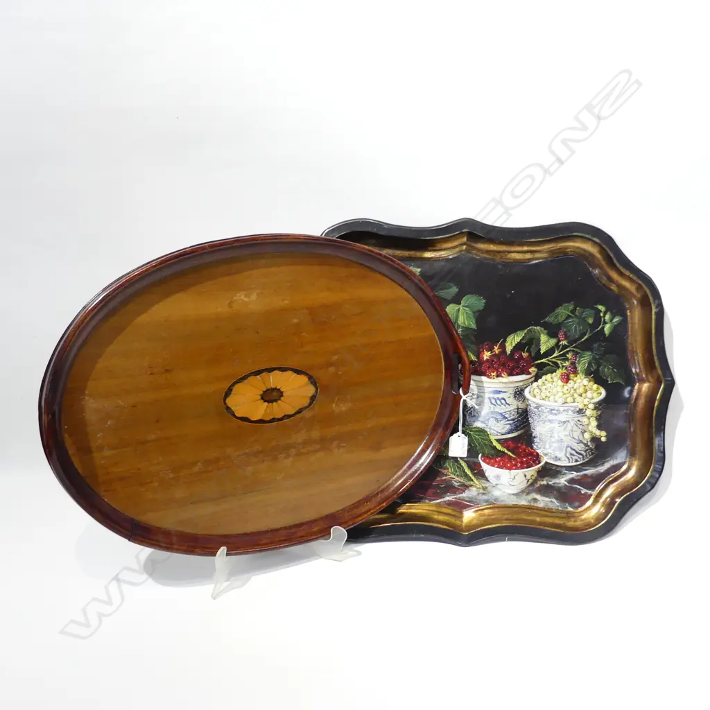 2 LG TRAYS, OVAL INLAID MAHOGANY & TIN TRAY w. BERRIES 440x560mm Image 1++
