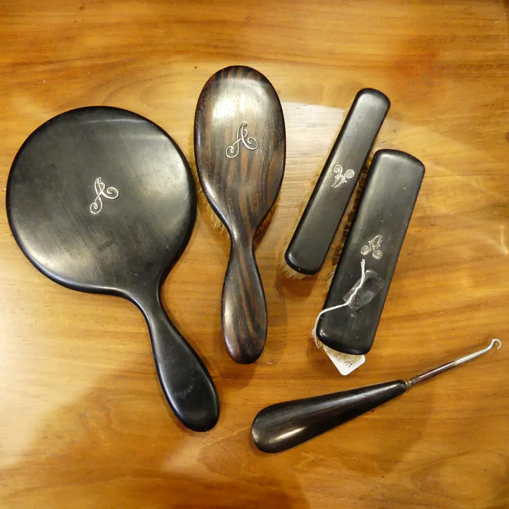 5 PCE EBONY & STG DRESSING SET; 3 BRUSHES, MIRROR & BUTTON HOOK / SHOE HORN Image 1++
