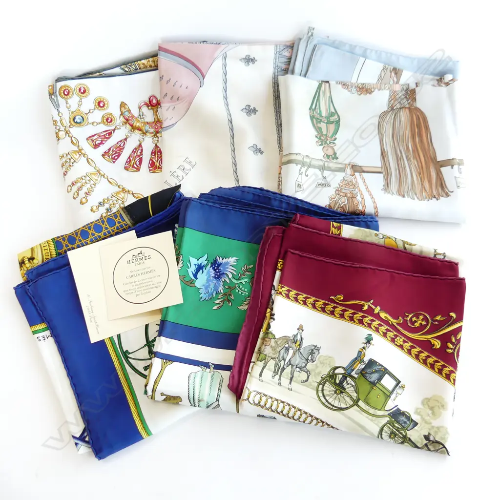 Six Hermes silk scarves various patterns in Hermes box. Provenance: Purchased by our vendor in Paris. Image 1++