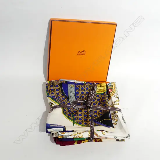 Six Hermes silk scarves various patterns in Hermes box. Provenance: Purchased by our vendor in Paris.
