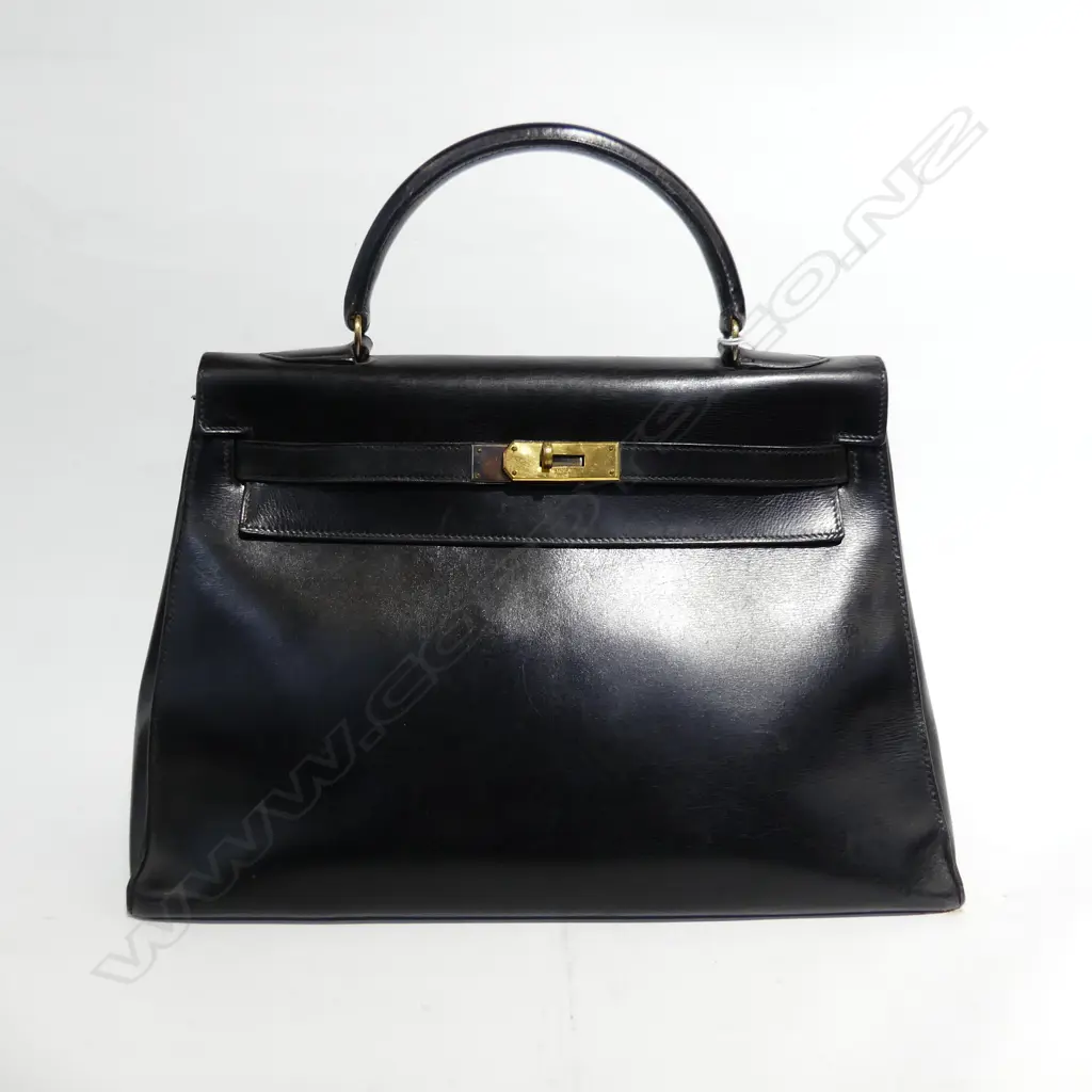 AUTHENTIC VINTAGE HERMES KELLY SELLIER 32 BLACK BOX CALF LEATHER HAND BAG W.330mm date stamp T - 1964 Image 1++