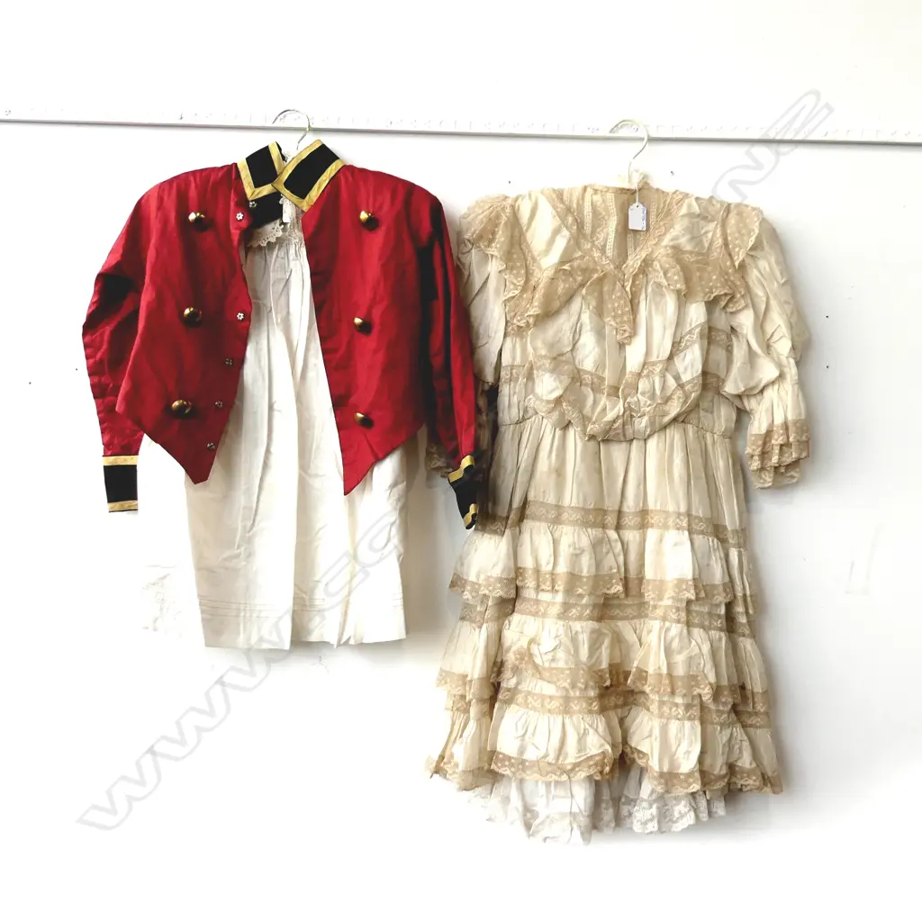2 ANTIQUE GIRLS DRESSES + 1 BOYS SOLDIER DRUMMER BOY JACKET Image 1++