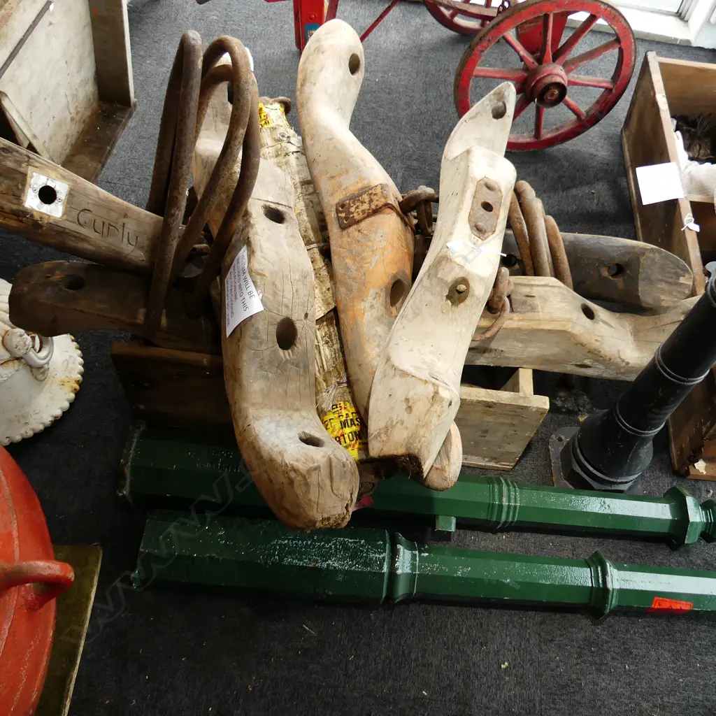 SET 6 OLD HORSE OR OX YOKES 1 carved name 'Curly' L.1350mm approx. ea. W iron hoop fittings Image 1++