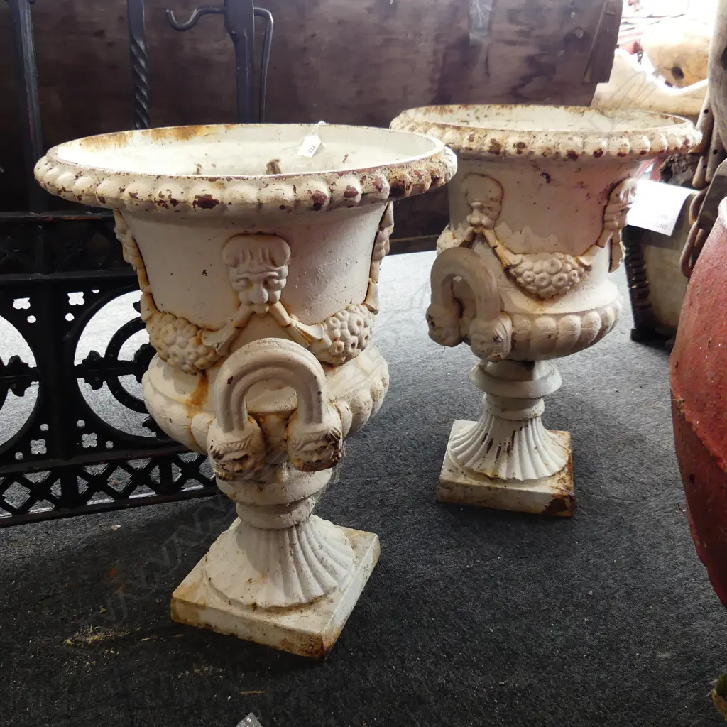 PR CAST IRON VINTAGE ANTIQUE STYLE CLASSICAL URNS. floral swags hoop handles. H.615mm Dia.445mm bolts require attention Image 1++