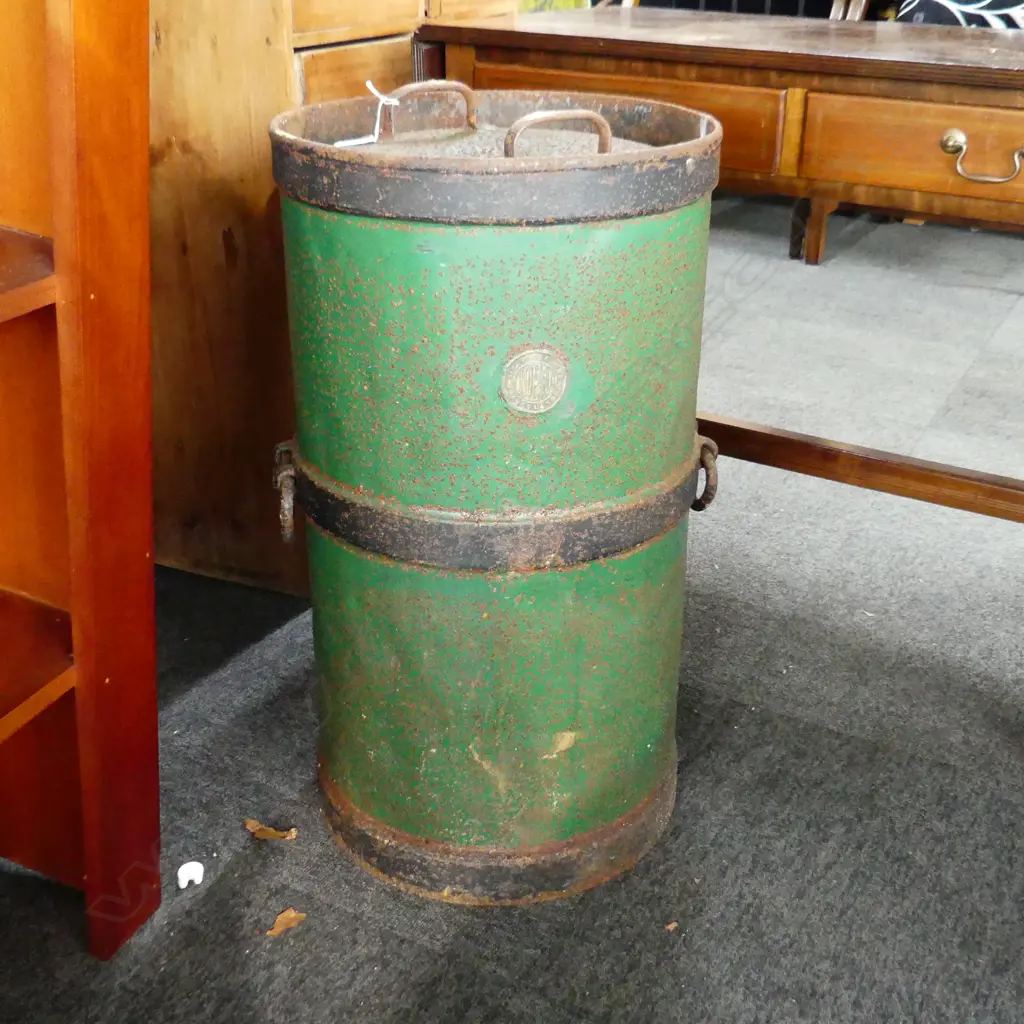 LGE OLD IRON LIDDED CONTAINER w brass label 'George Mould Le Bons Bay'. Akaroa. Lid stuck H.690mm Image 1++
