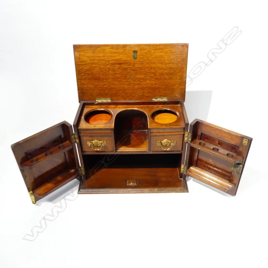ANTIQUE OAK SMOKERS CABINET w. PLAQUE 'PRESENTED TO T. W. McDONALD BY LADIES' DRILL CLASS 28th JULY 1900 380x210x275mm Image 1++