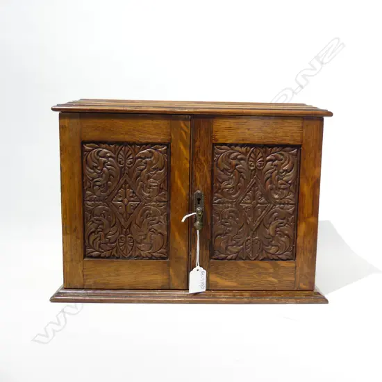 ANTIQUE OAK SMOKERS CABINET w. PLAQUE 'PRESENTED TO T. W. McDONALD BY LADIES' DRILL CLASS 28th JULY 1900 380x210x275mm