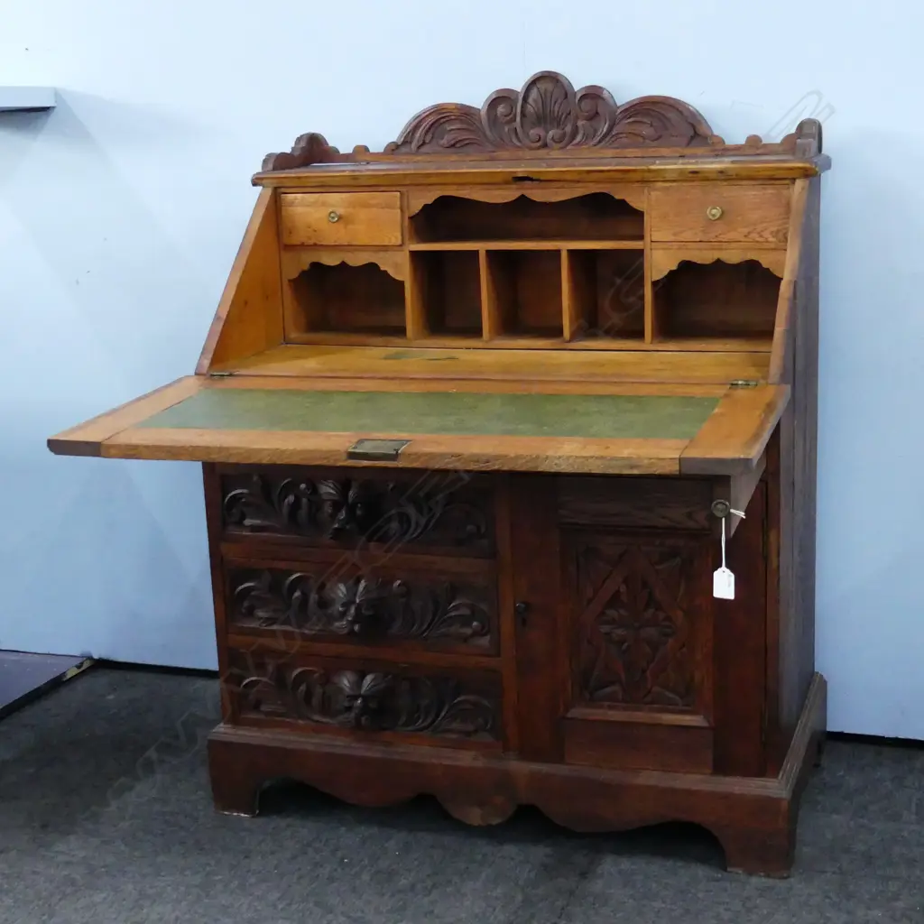 CARVED OAK DROP FRONT DESK 890x450x1120mm Image 1++
