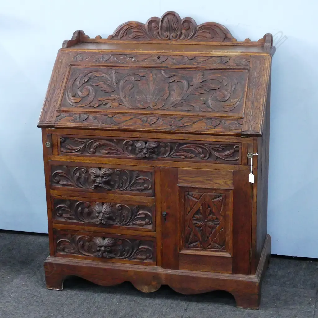 CARVED OAK DROP FRONT DESK 890x450x1120mm Image 1++