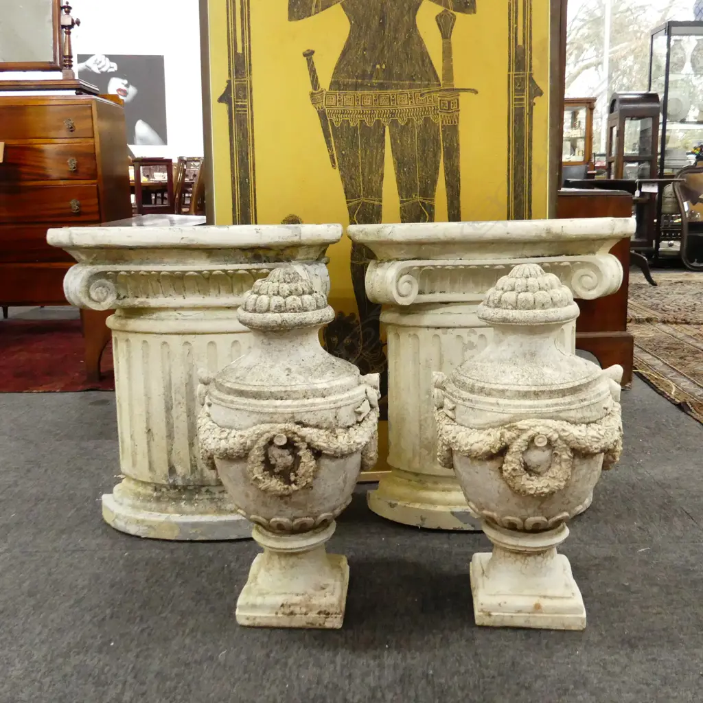 PR GARDEN CLASSICAL COMPOSITE CORBUL STANDS WITH CONCRETE URNS old repair H.1170mm Image 1++