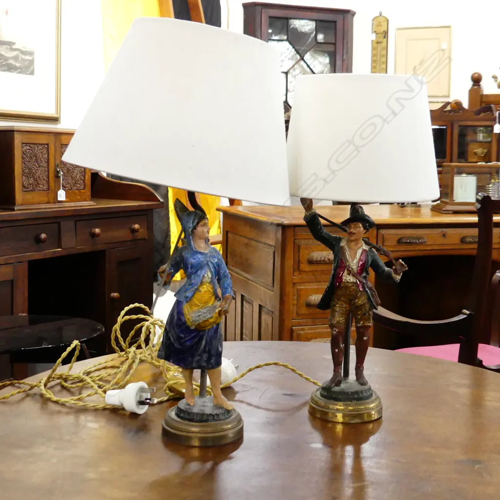 PR VINTAGE PAINTED METAL FIGURAL LAMPS; LADY w. COAL, MAN w. GUN H.420mm Image 1++
