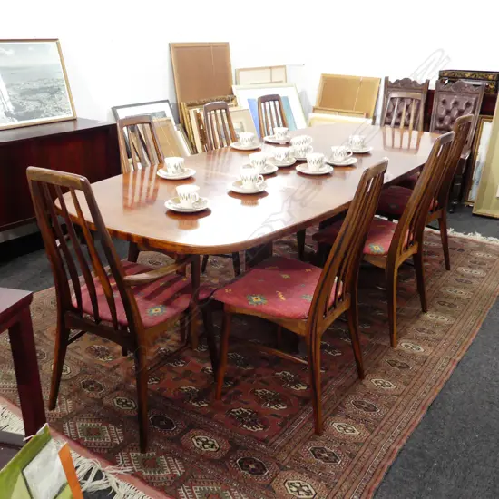 MID CENTURY DANISH NIELS KOEFOED HORNSLET ROSEWOOD DINING TABLE w. 2 LEAVES + EVA 8 CHAIRS BY NIELS KOEFOED FOR HORNSLET