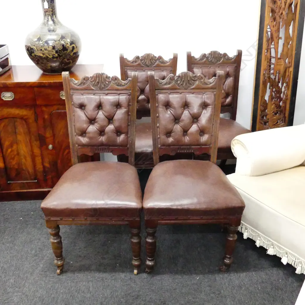 4 LATE VICTORIAN DINING CHAIRS IN BROWN VINYL UPHOLSTERY Image 1++