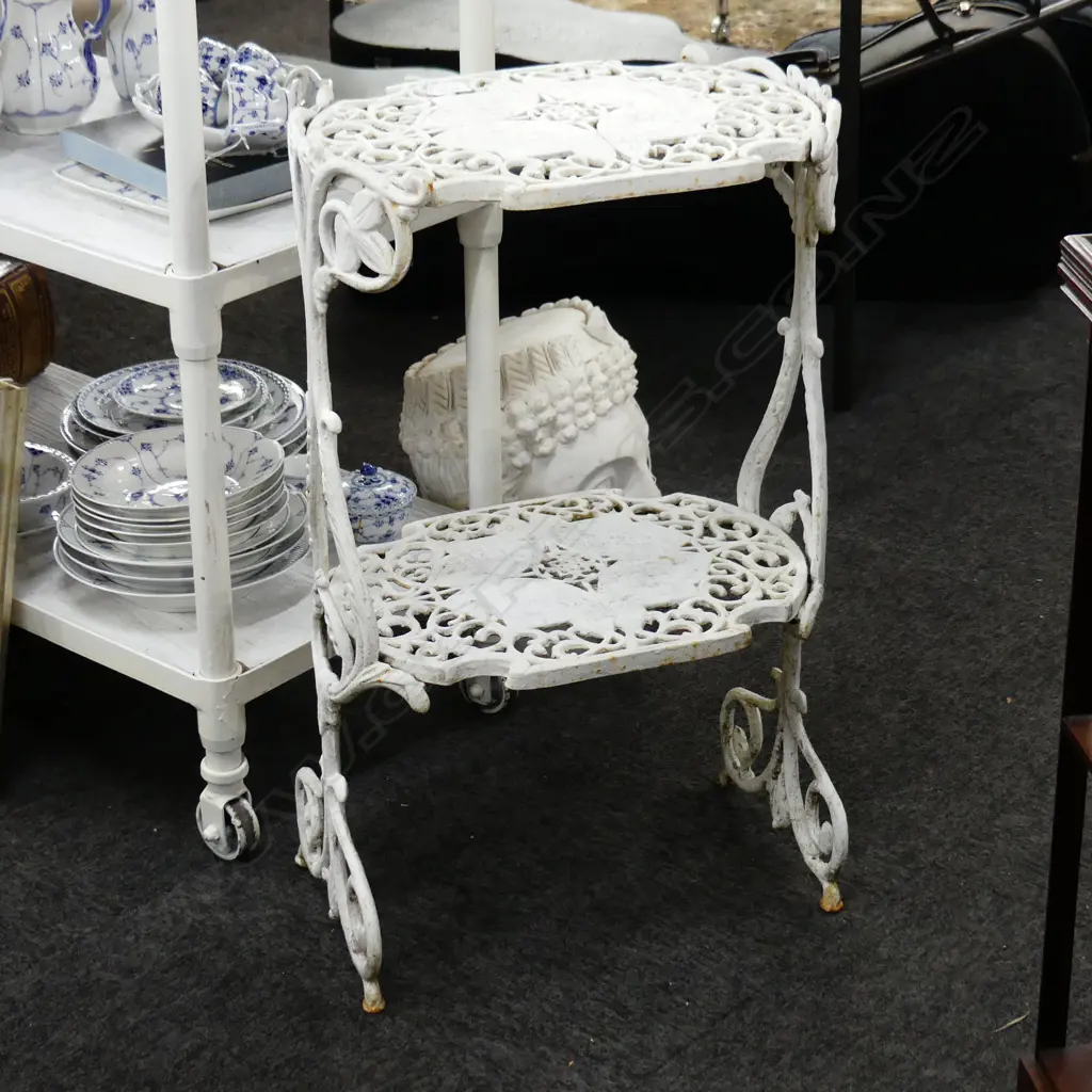 ANTIQUE STYLE WHITE PAINTED CAST IRON TWO TIER SIDE TABLE 440x300x720mm Image 1++