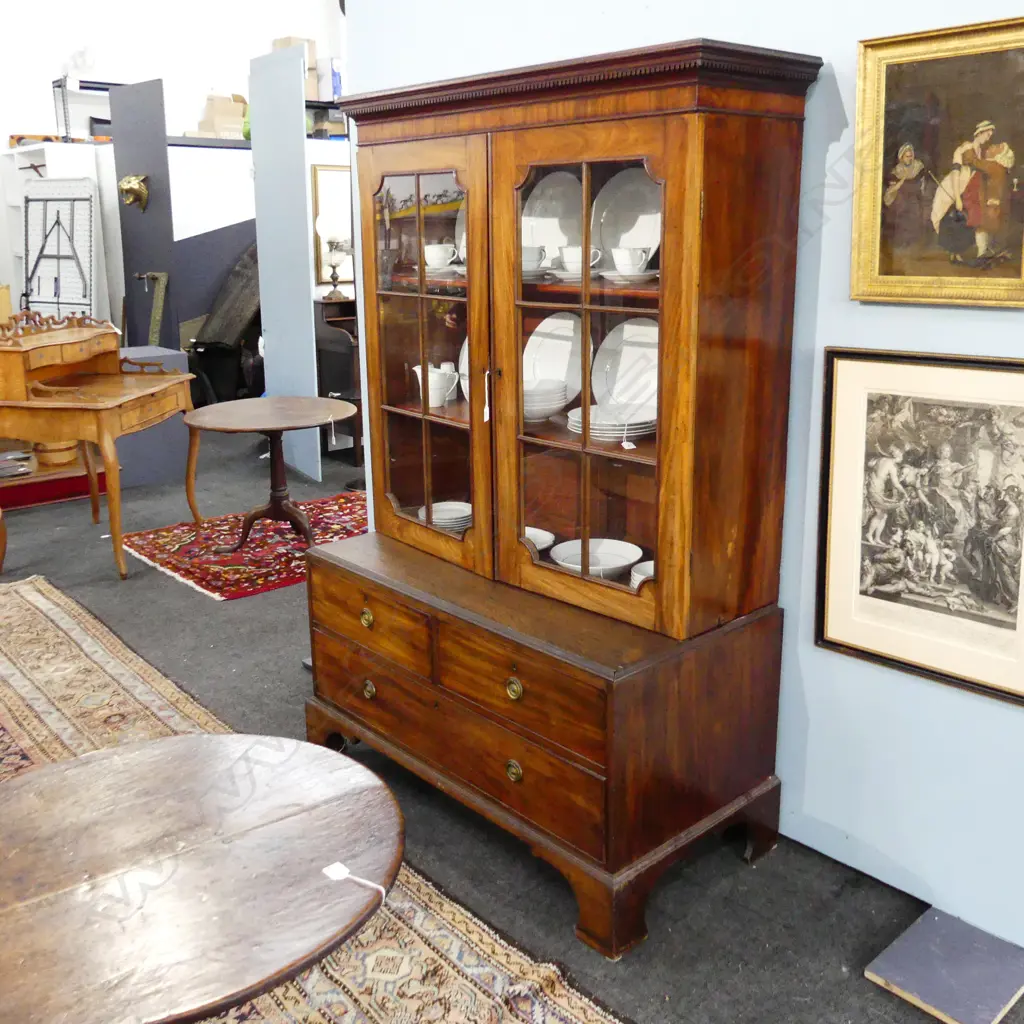 MAHOGANY DISPLAY CABINET; GEORGIAN BASE, 20thC TOP 1200x600x1825mm Image 1++
