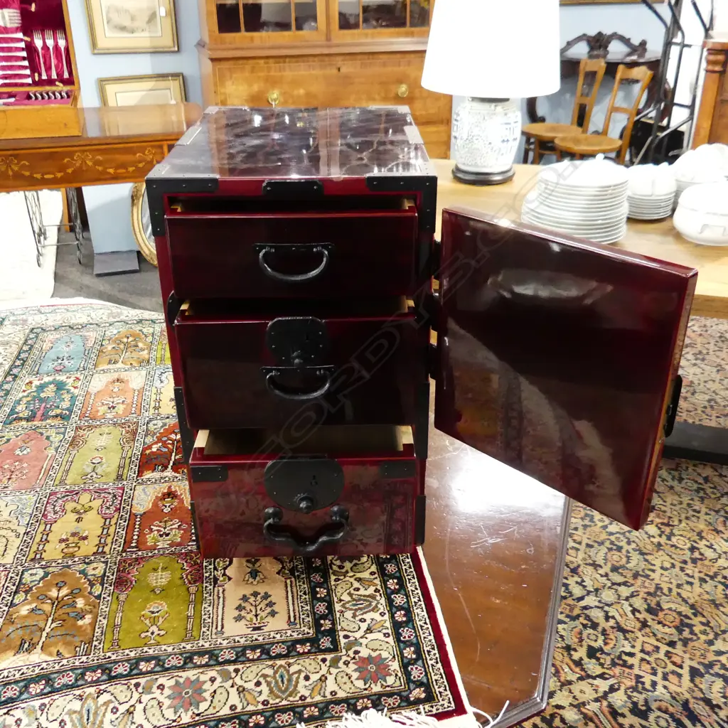 JAPANESE ANTIQUE STYLE QUALITY LOCK BOX (Funa Tansu)dark red lacquer fancy ebonised metal fittings 280x385x465mm Image 1++
