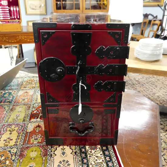 JAPANESE ANTIQUE STYLE QUALITY LOCK BOX (Funa Tansu)dark red lacquer fancy ebonised metal fittings 280x385x465mm