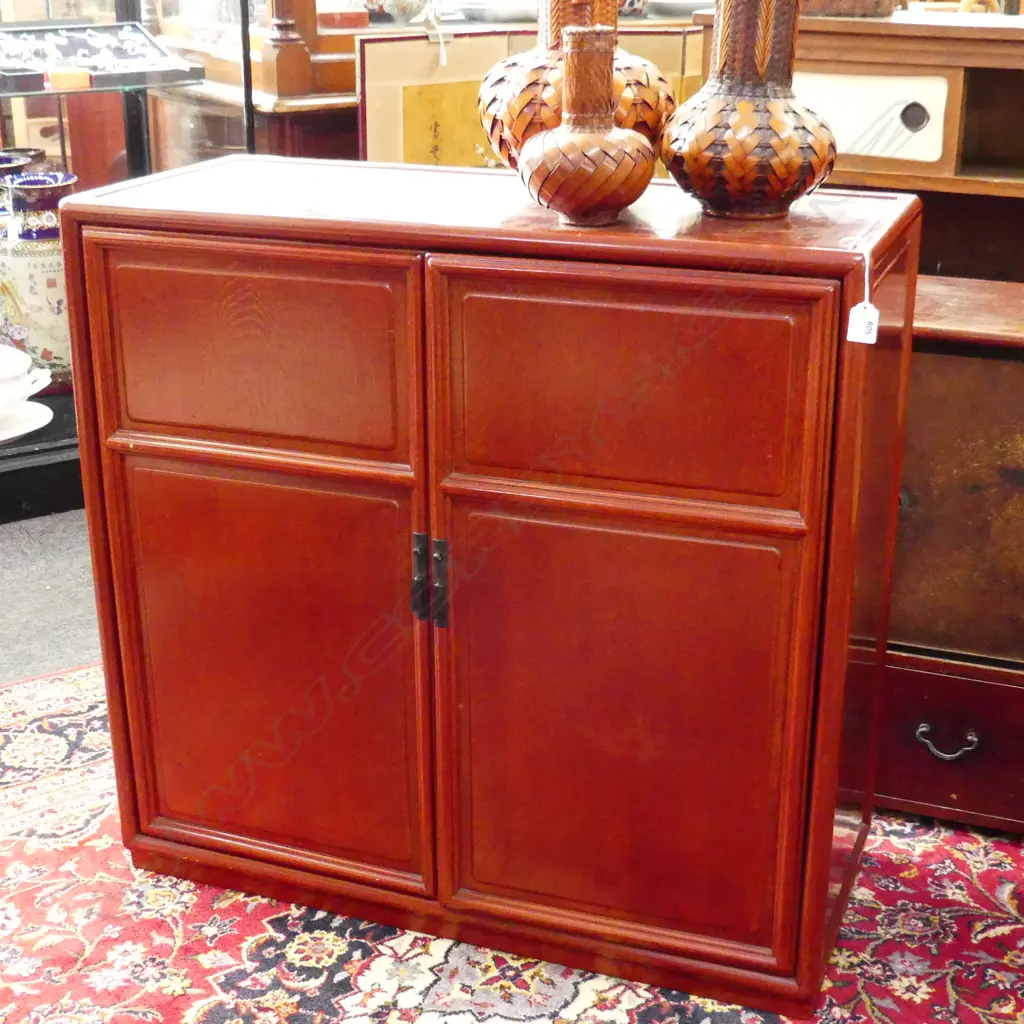 OLD JAPANESE CABINET. Red lacquered. w 2 panelled doors. 810 x 845mm. Image 1++