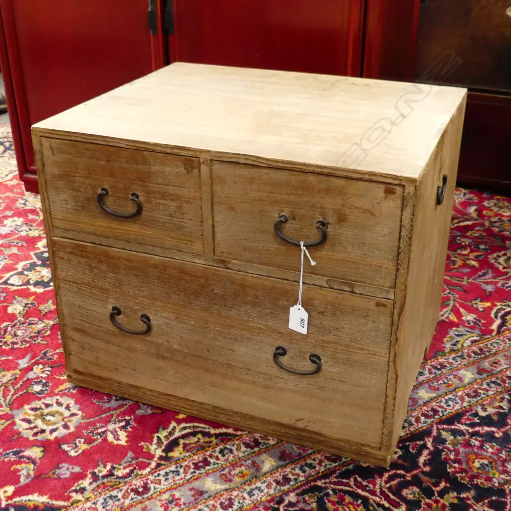 OLD JAPANESE BEDSIDE/COLLECTOR'S CABINET 3 DRWS. W side handles. 480 x 380 x 390mm. Image 1++