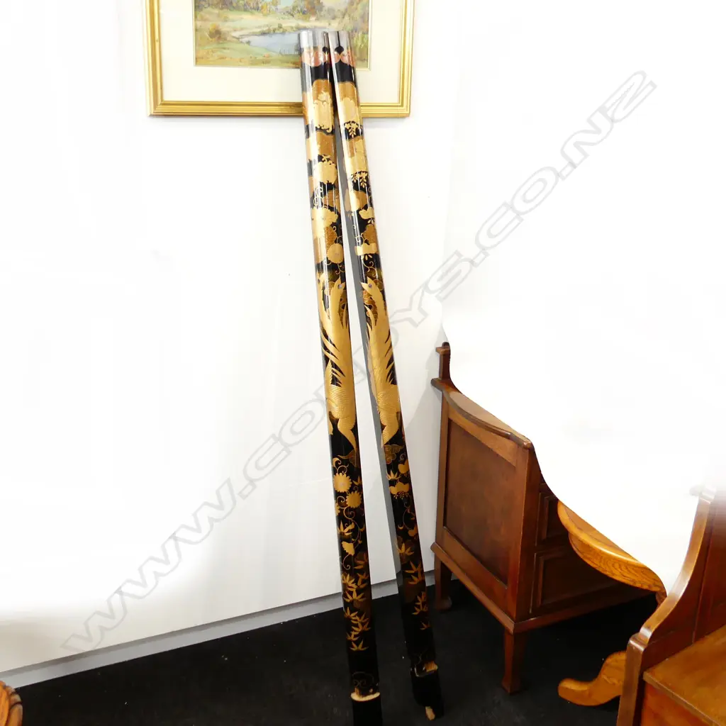 3 MAKI-E JAPANESE GOLD LACQUERED POSTS. 2 long @ H.1740mm ea + 1 x short Image 1++