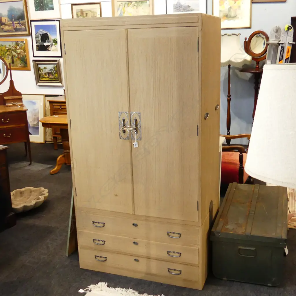 JAPANESE 1960’S PAULOWNIA WOOD WARDROBE limed finish H.1725mm W.900mm 3 drawers to base Image 1++
