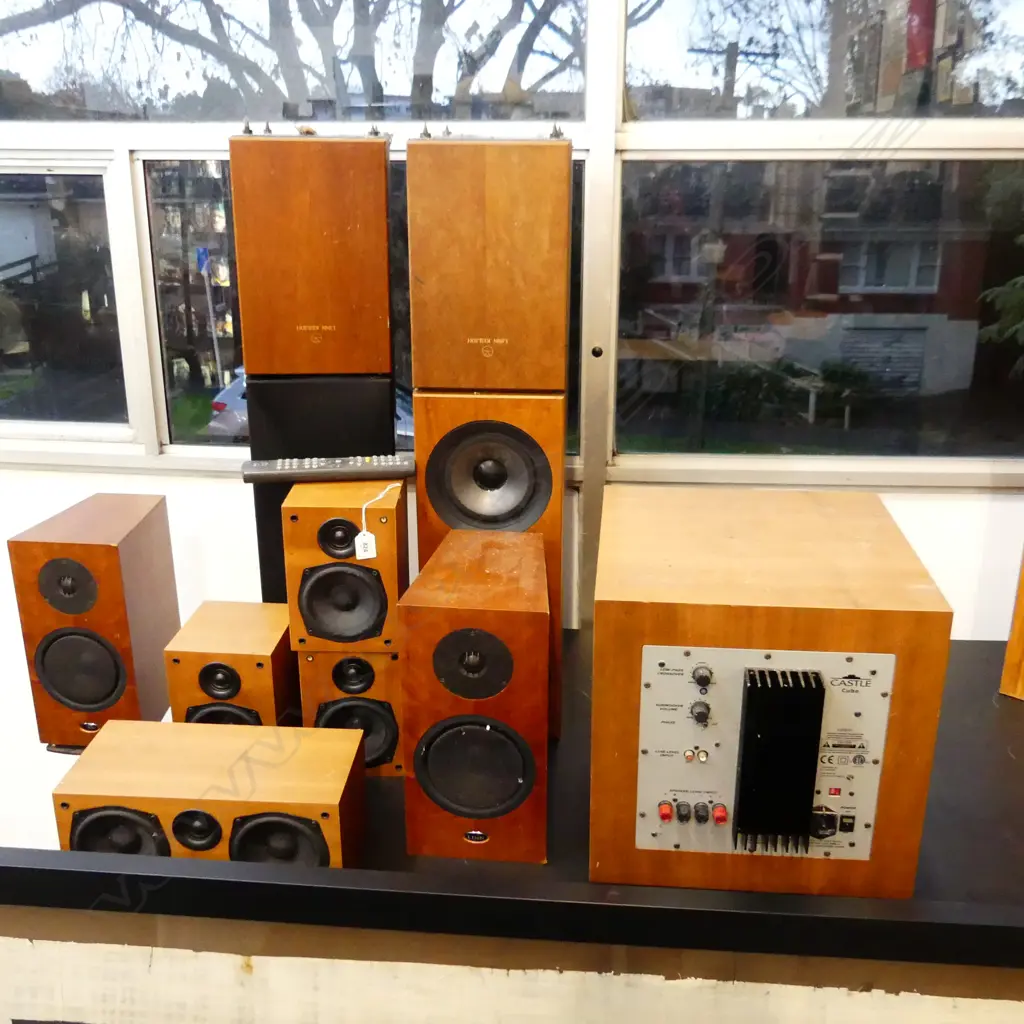 2 FLOOR STANDING LINN KEILIDH SPEAKERS + 2 SMALLER +CASTLE SUB WOFER AND 4 SATELLITE SPEAKERS + ONE STAND Image 1++