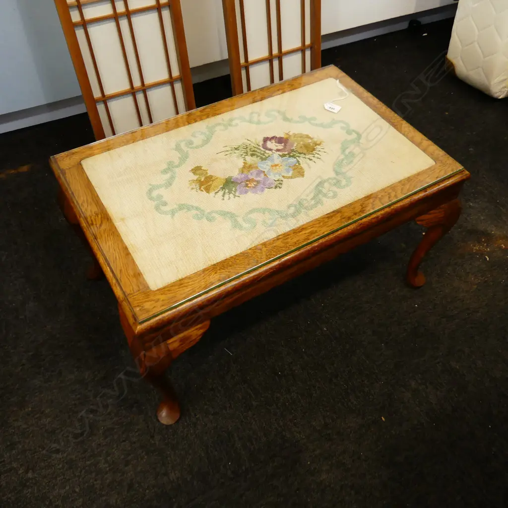 OAK COFFEE TABLE WITH GLASS TOP & NEEDLEWORK INSERT H400MMXL740MM Image 1++
