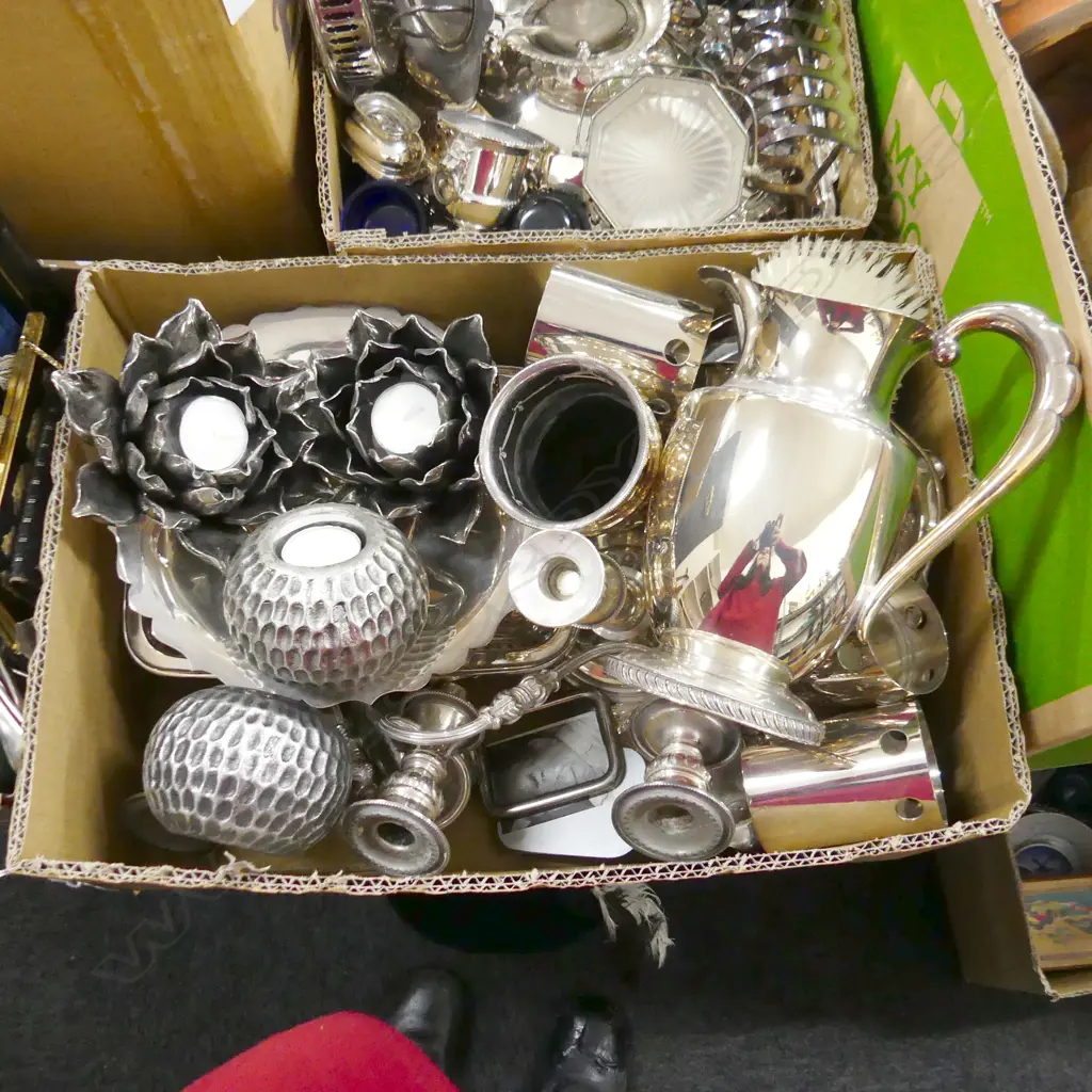 BOX LOT ASST. SILVER PLATE, CANDLE HOLDERS ETC Image 1++