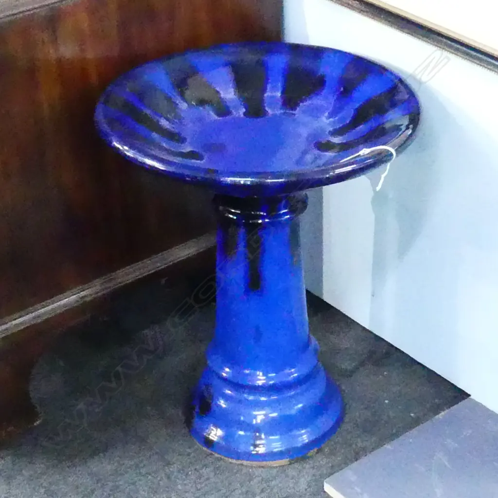 BLUE GLAZED 2 PART BIRD BATH 430mm dia H.540mm Image 1++