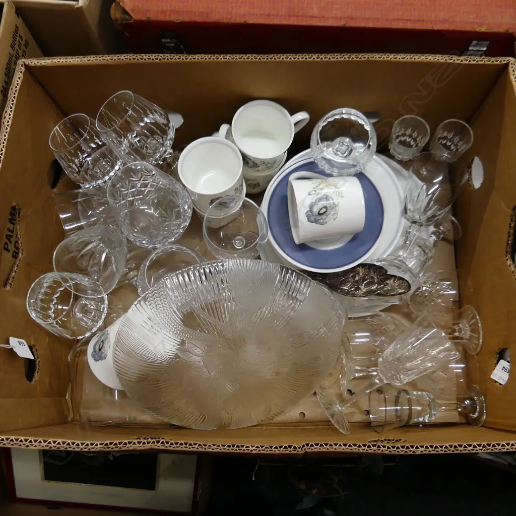 BOX ASST CRYSTAL & CHINA ETC. INCL STEMWARE, SUSIE COOPER PART SET ETC.. Image 1++