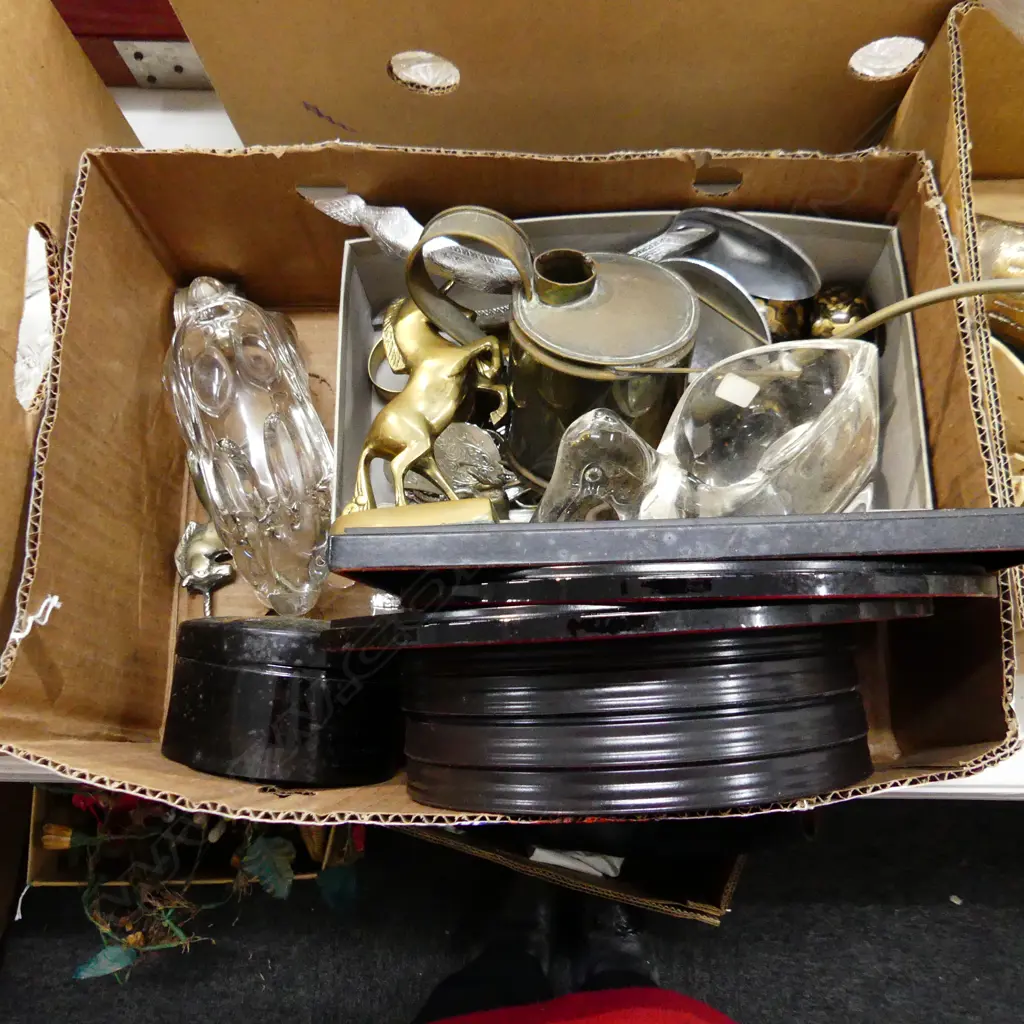 BOX ASST SILVER PLATE SERVING CUTLERY, ORIENAL LACQUER WARE, BRASS UNICORNS, GLASS ANIMALS ETC.. Image 1++