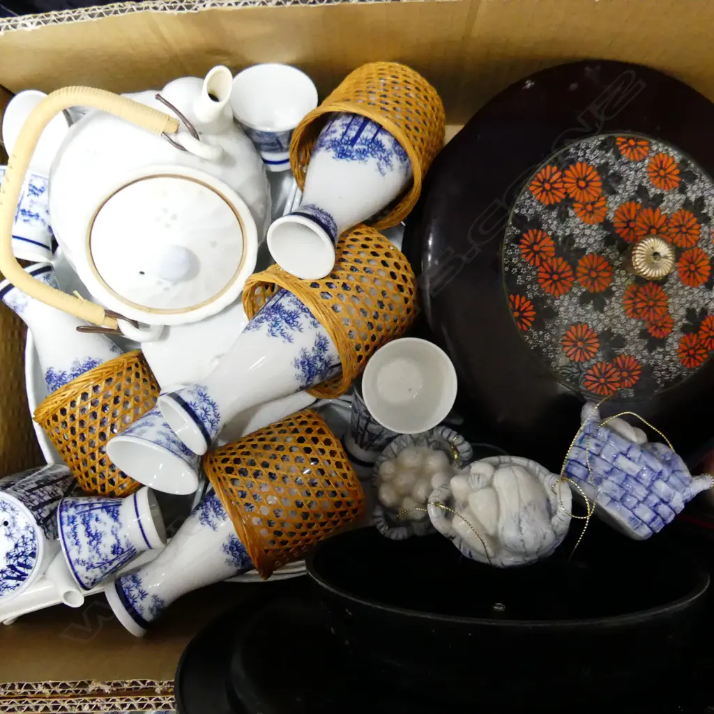 BOX ASST ORIENTAL BLUE & WHITE CHINA INCL SAKE BOTTLES & CUPS  & LACQUER SERVING DISHES ETC.. Image 1++
