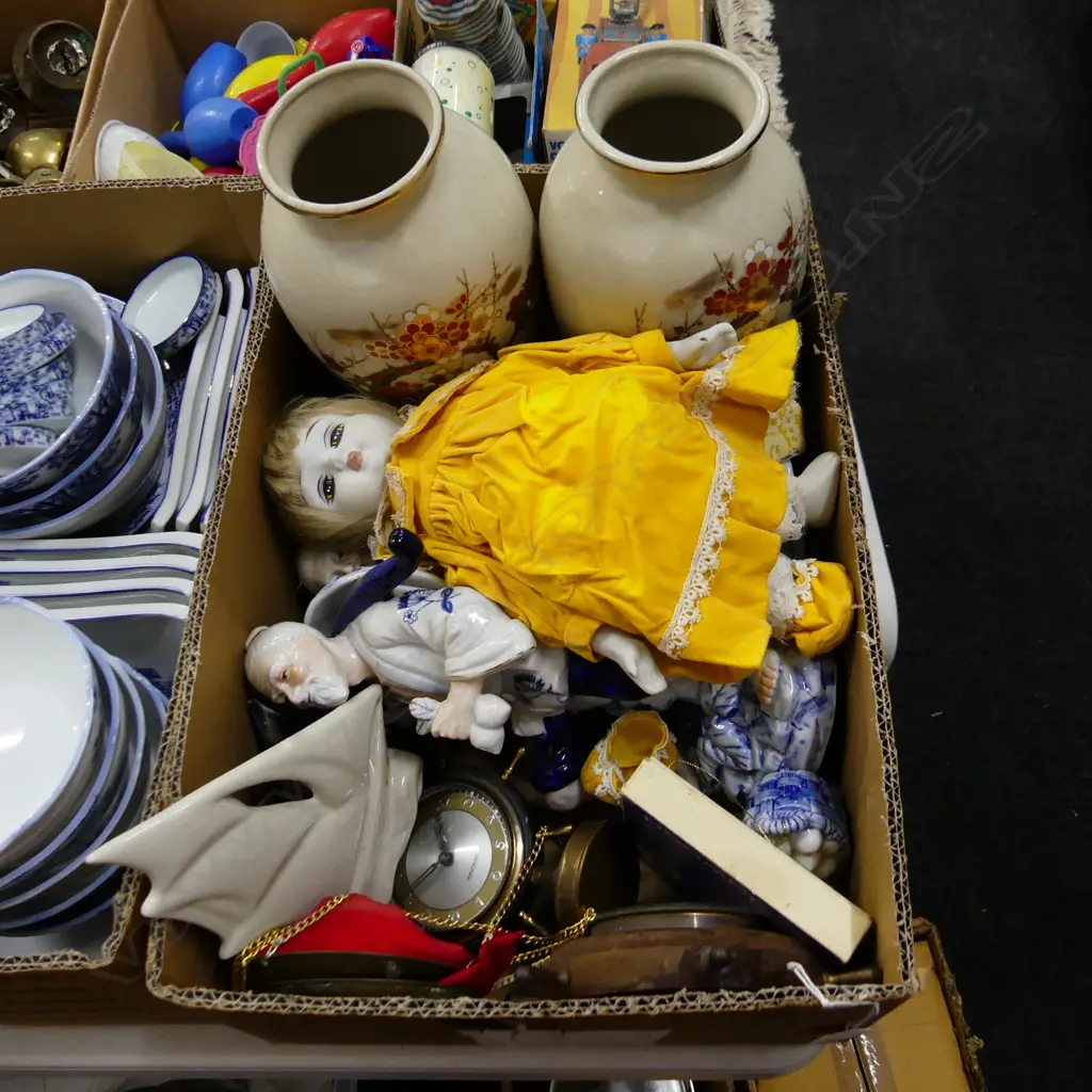 BOX MISC INCL DOLL, ORIENTAL FIGURES & VASES ETC.. Image 1++