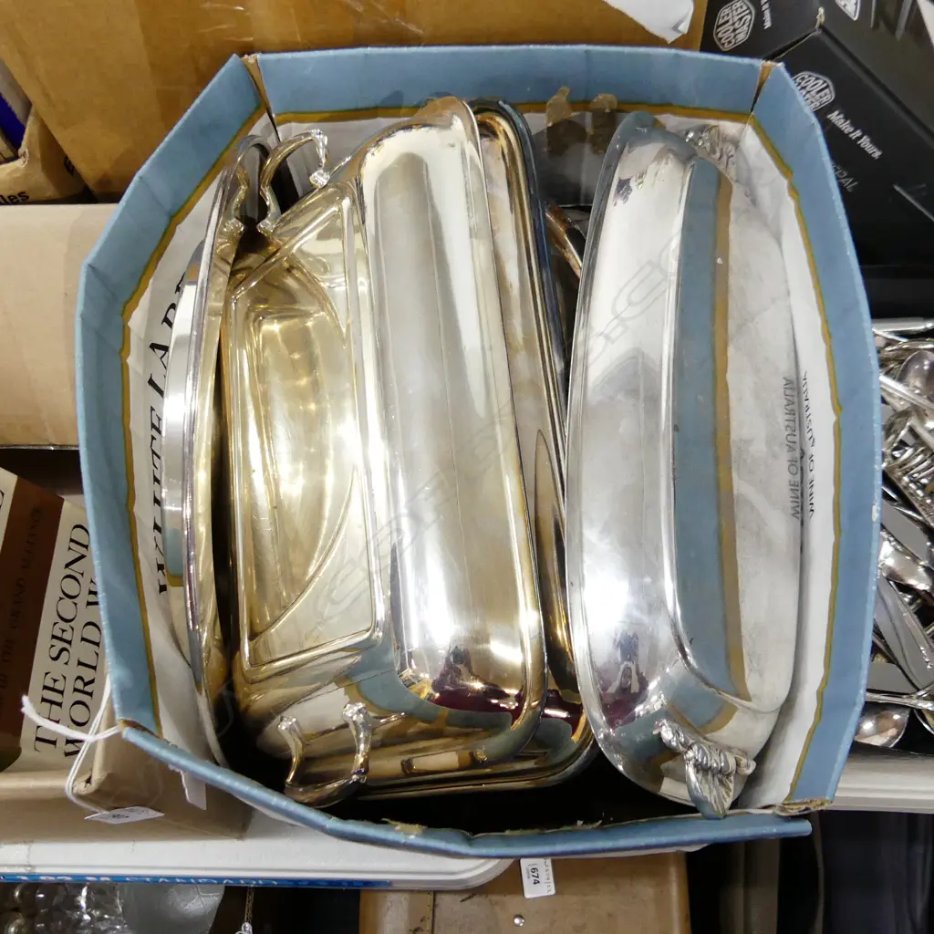 BOX LOT ASST. SILVER PLATE INCL. TEAPOT & CHAMBERSTICK CANDLE HOLDER Image 1++