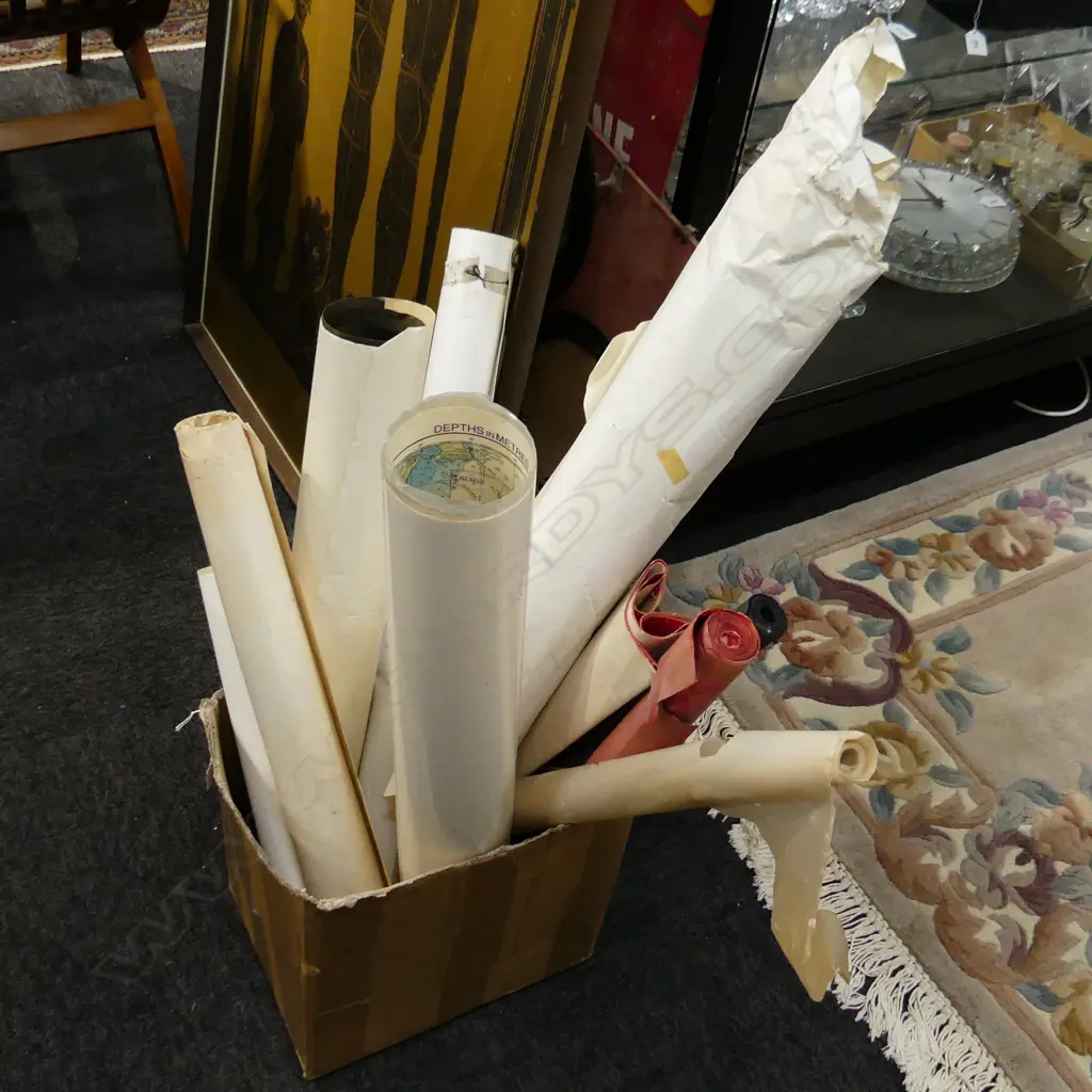 BOX LOT ASST. MAPS, WRAPPING PAPER, ART ETC Image 1++