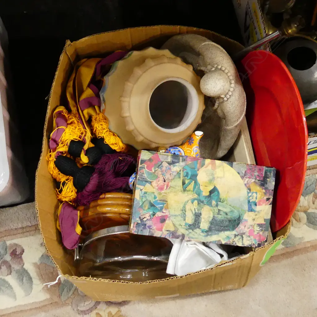 BOX LOT ASST. CHINA; LG RED PLATE, DECO LIGHT SHADE, ETC Image 1++