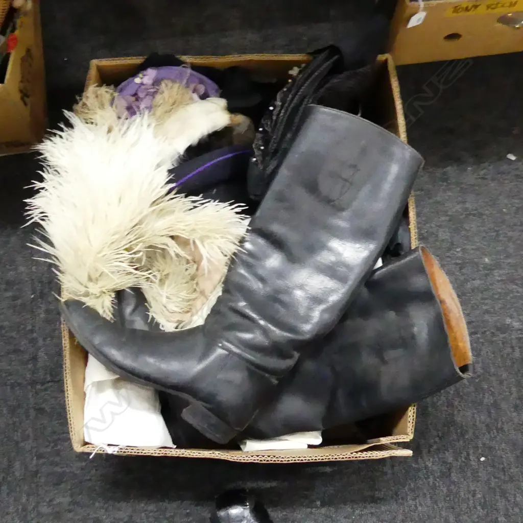 BOX LOT ASST ANTIQUE CLOTHING INCL NIGHTGOWN, BLOOMERS, GLOVES, HATS, SHOES ETC.. Image 1++