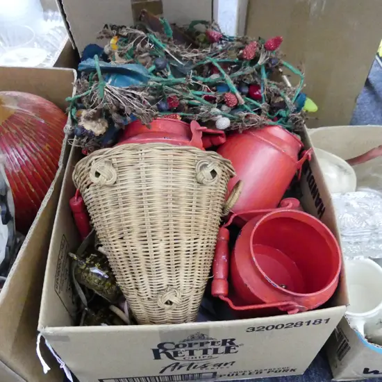 BOX LOT ASST.; MINI RED METAL MILK PAILS, CERAMICS ETC