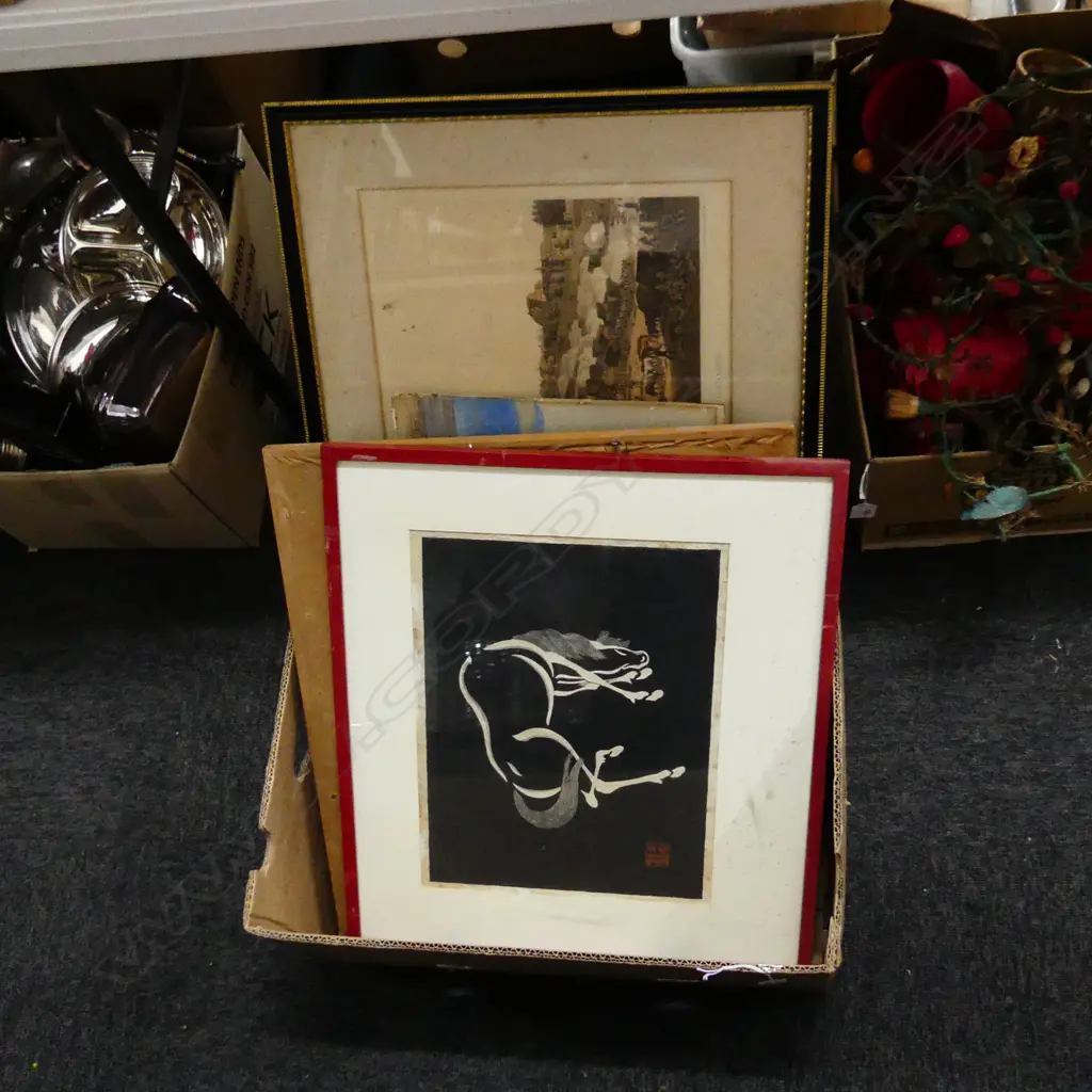 BOX ASST ART INCL WATERCOLOURS, PRINTS ETC. Image 1++