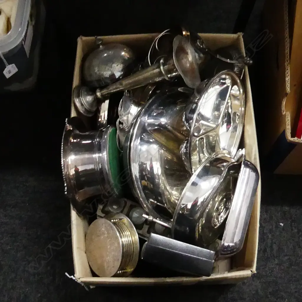 BOX LOT ASST. SILVER PLATE INCL. WINE COASTER ETC Image 1++