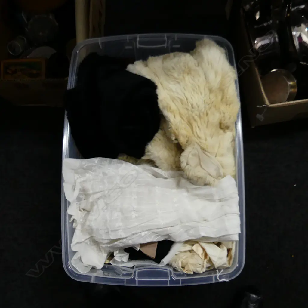 CRATE ANTIQUE CLOTHES & OLD FUR STOLES ETC.. Image 1++