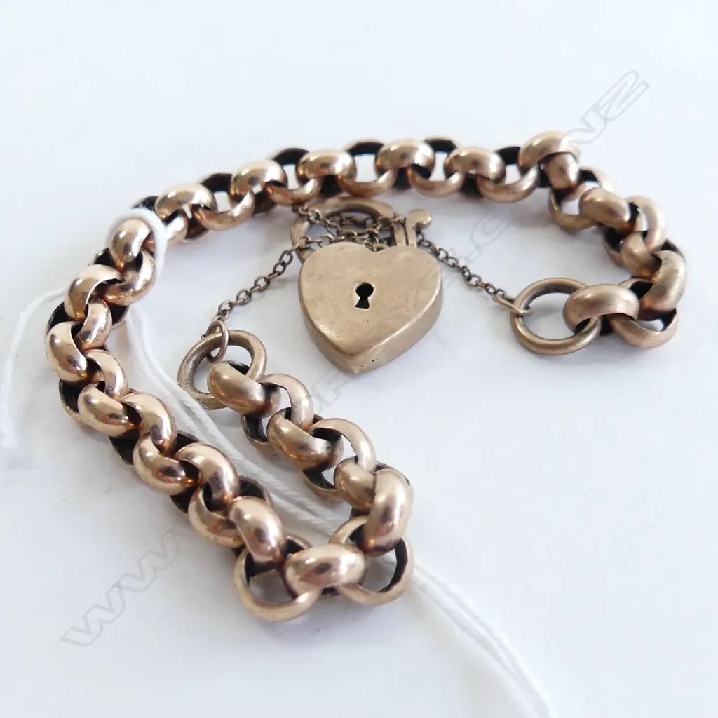 9ct ROSE GOLD BELCHER LINK BRACELET W HEART PADLOCK 18.9gms Image 1++