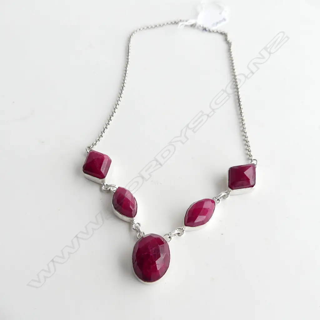 STG SILVER NECKLACE WITH 4 LG FACET CUT RUBIES ? Image 1++