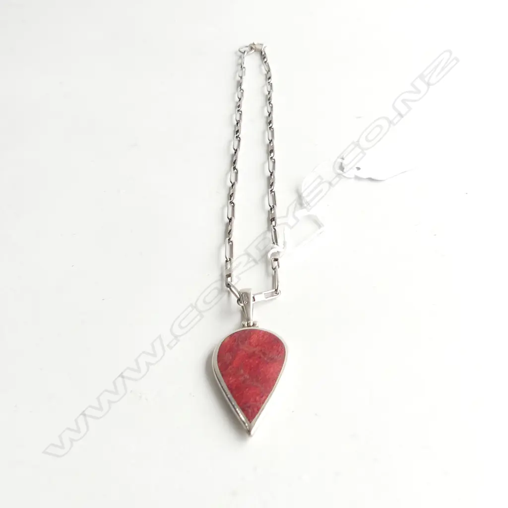 LG CORAL (?) & STG SILVER  TEAR DROP PENDANT WITH STG CHAIN Image 1++