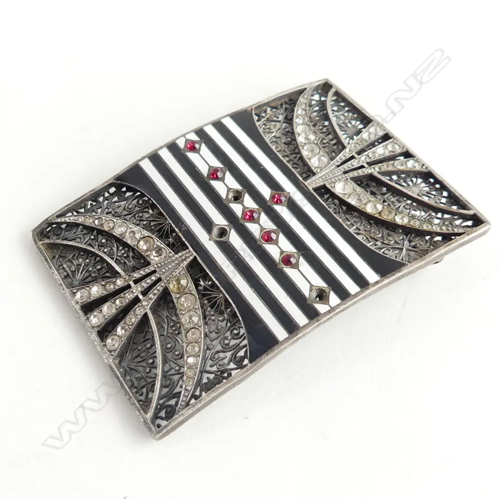 ART DECO WHITE METAL BUCKLE w enamel & paste stones 3 missing by Turriet & Bardach Austria L.66mm Image 1++