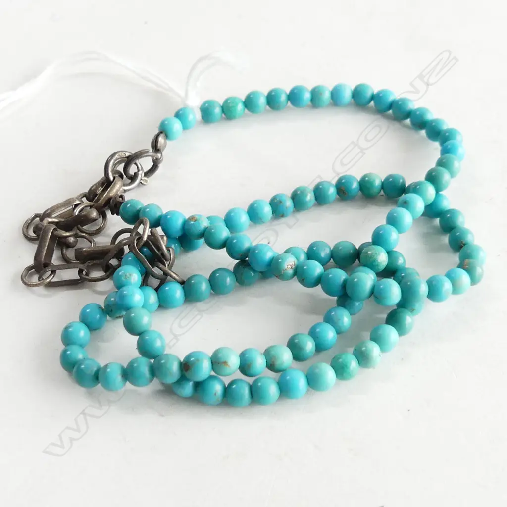 TURQUOISE UNIFORM BEAD NECKLACE W SILVER FITTINGS Image 1++
